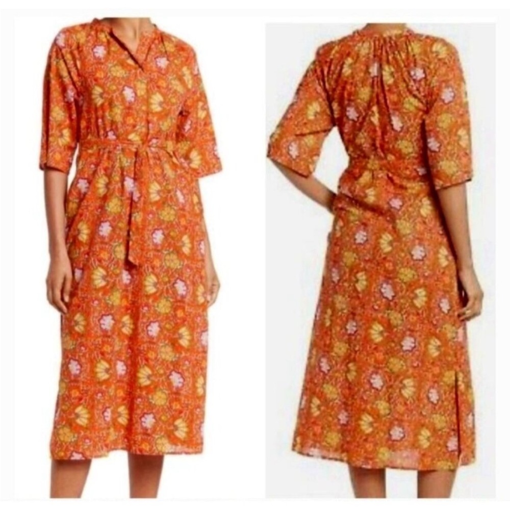 Vibrant Orange Floral Midi Dress